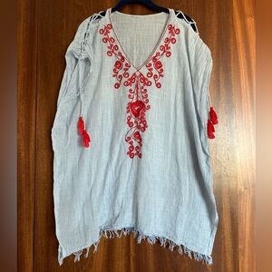 Z & L Europe Blue White Striped Coverup Embroidered Red OS